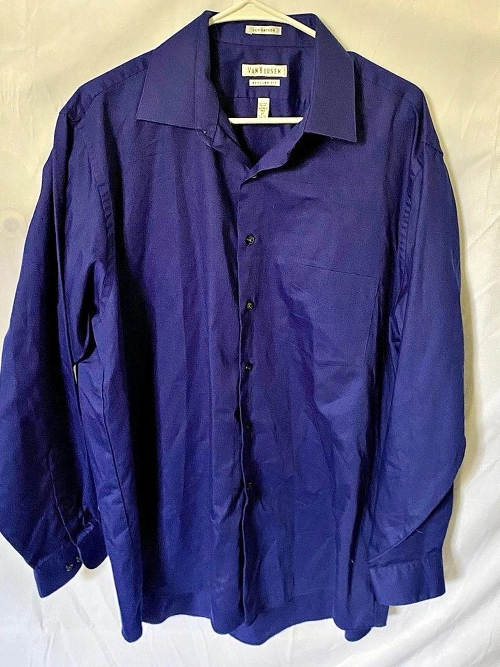 Van Heusen Lux Sateen Dress Shirt Mens Size 17 34/35 Purple Regular Fit Pocket